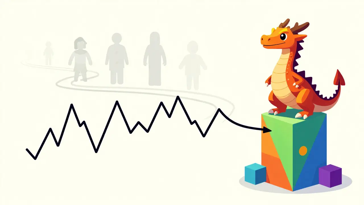 Graphique stylisé Memphis Design avec un dragon survivant malgré la volatilité du marché.