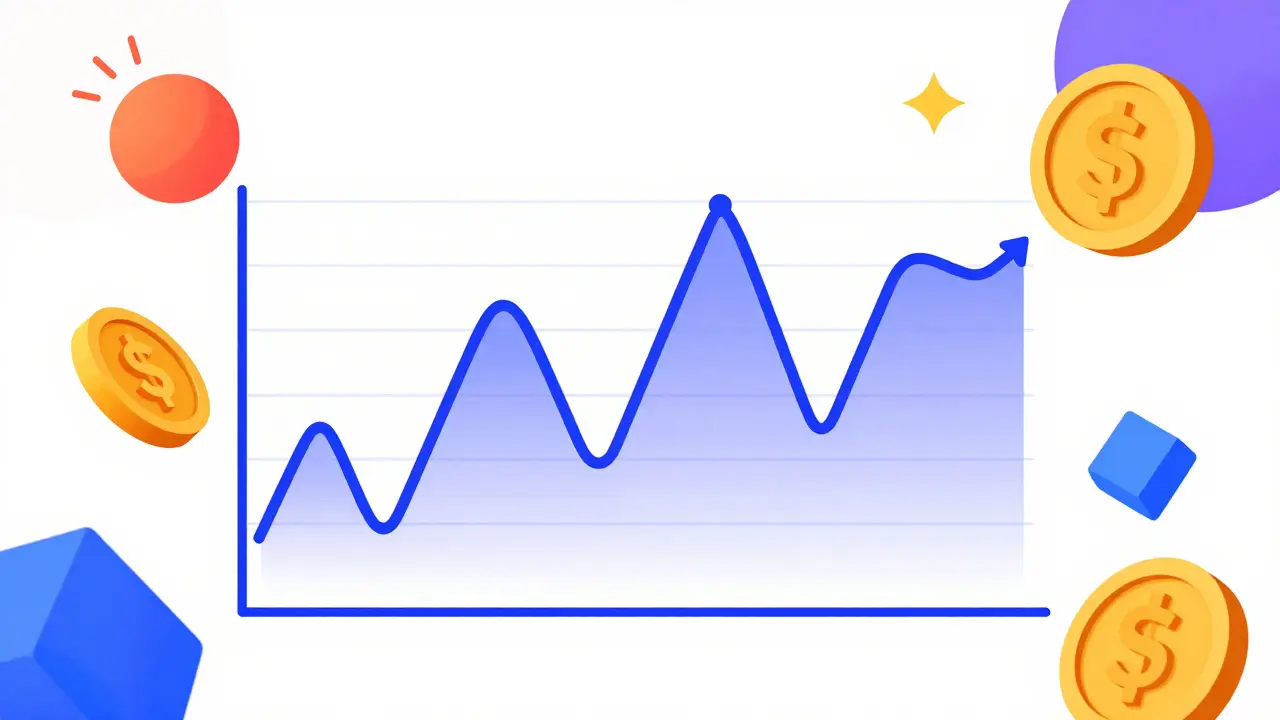 Graphique stylisé style Memphis illustrant la volatilité du prix du jeton FREYA.