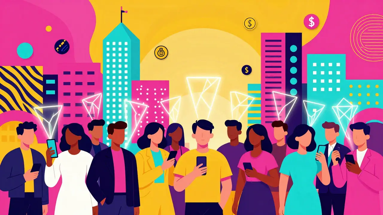 Groupe d'investisseurs connectés dans un paysage urbain géométrique coloré.