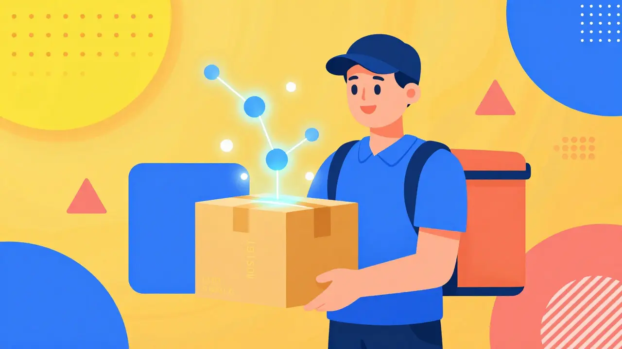 Illustration Memphis d'une livraison du dernier kilomètre sécurisée par la blockchain.