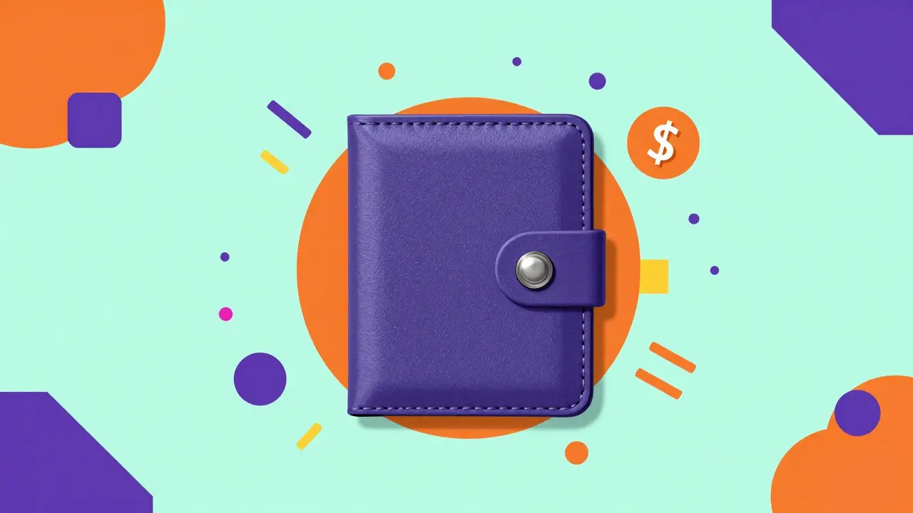 Illustration Memphis Design d'un portefeuille matériel entouré de formes géométriques colorées.