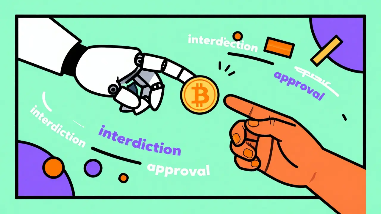 Illustration Memphis montrant une main robotique et humaine se disputant un Bitcoin parmi des flux de données.