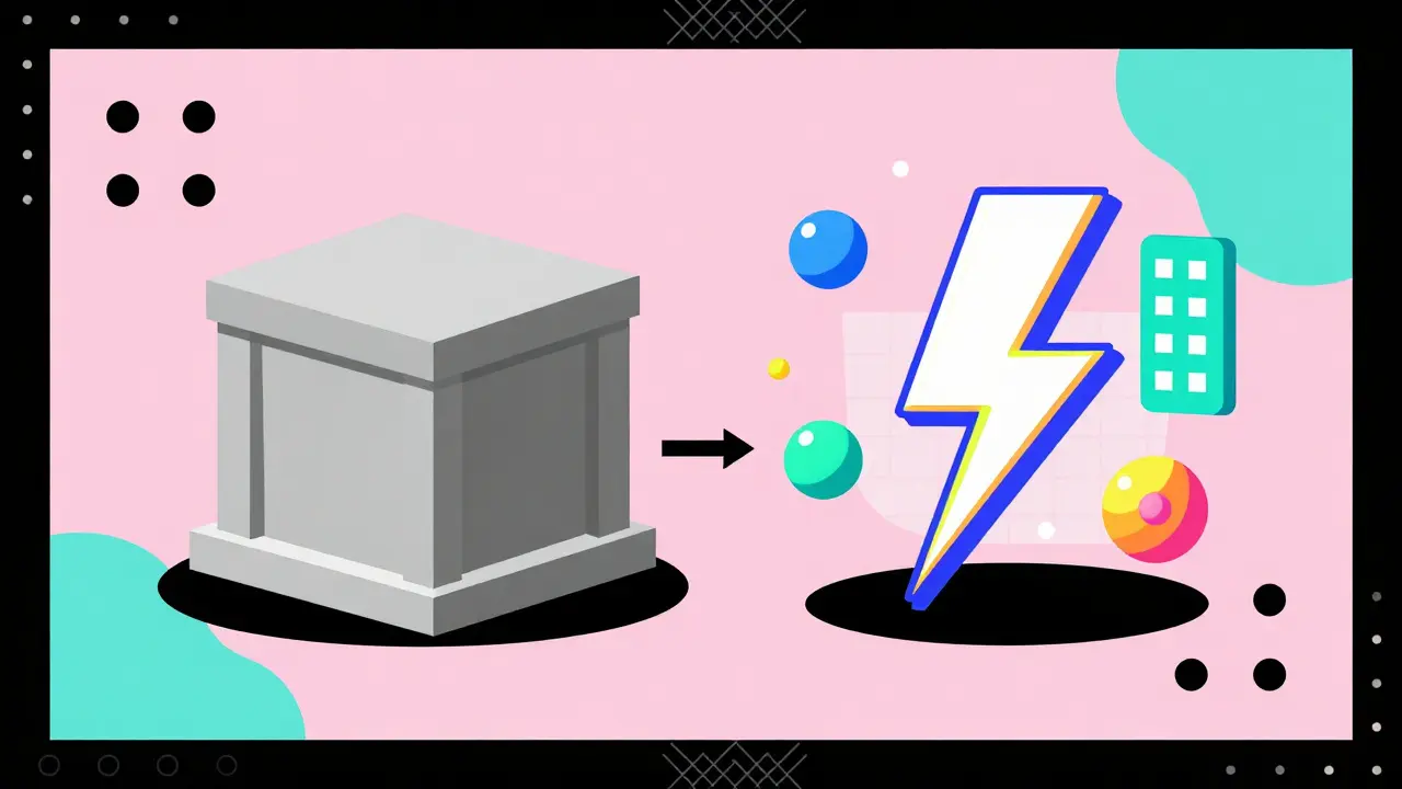 Illustration style Memphis comparant un virement bancaire lent au système Pix rapide.