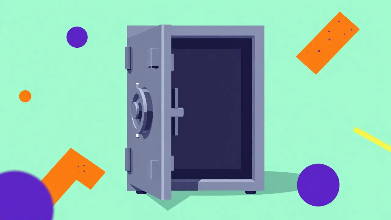 Illustration style Memphis d'un coffre-fort numérique ouvert et vide symbolisant le manque de sécurité.