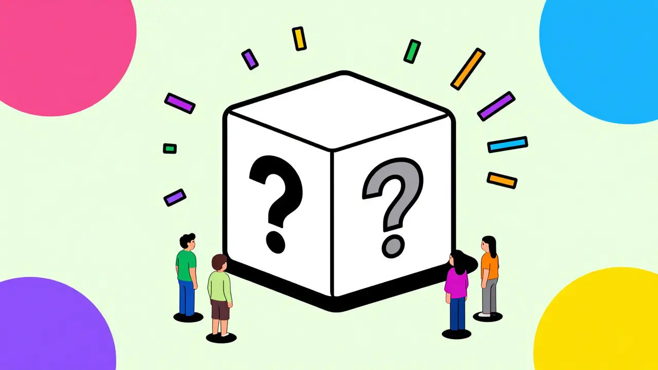 Illustration style Memphis d'un cube mystérieux avec un point d'interrogation symbolisant l'opacité des IEO.