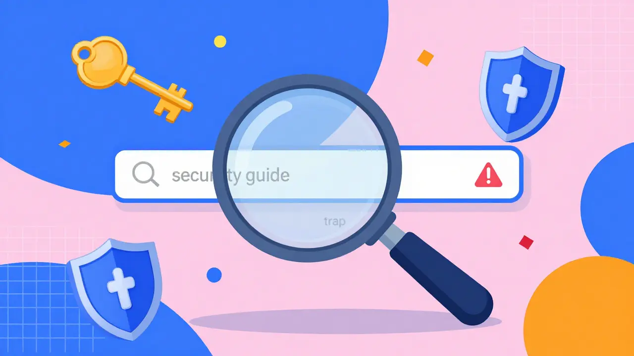 Illustration style Memphis d'une loupe analysant une URL pour la sécurité crypto.