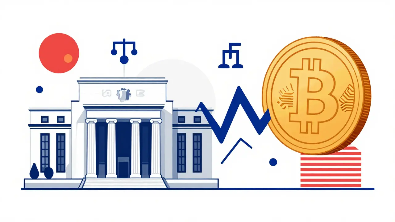Illustration style Memphis symbolisant l'influence de la Réserve Fédérale sur le cours des actifs numériques.