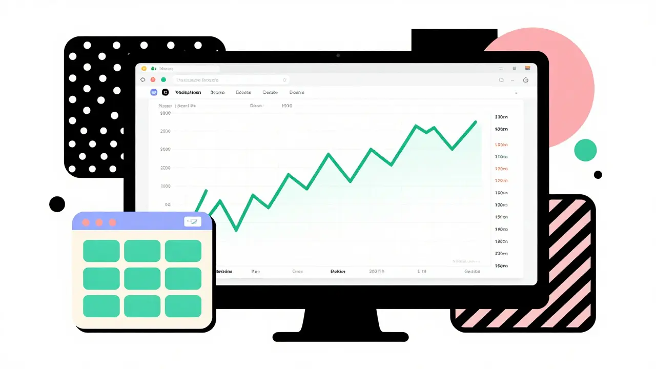 Interface de trading abstraite et colorée avec des graphiques boursiers style Memphis.