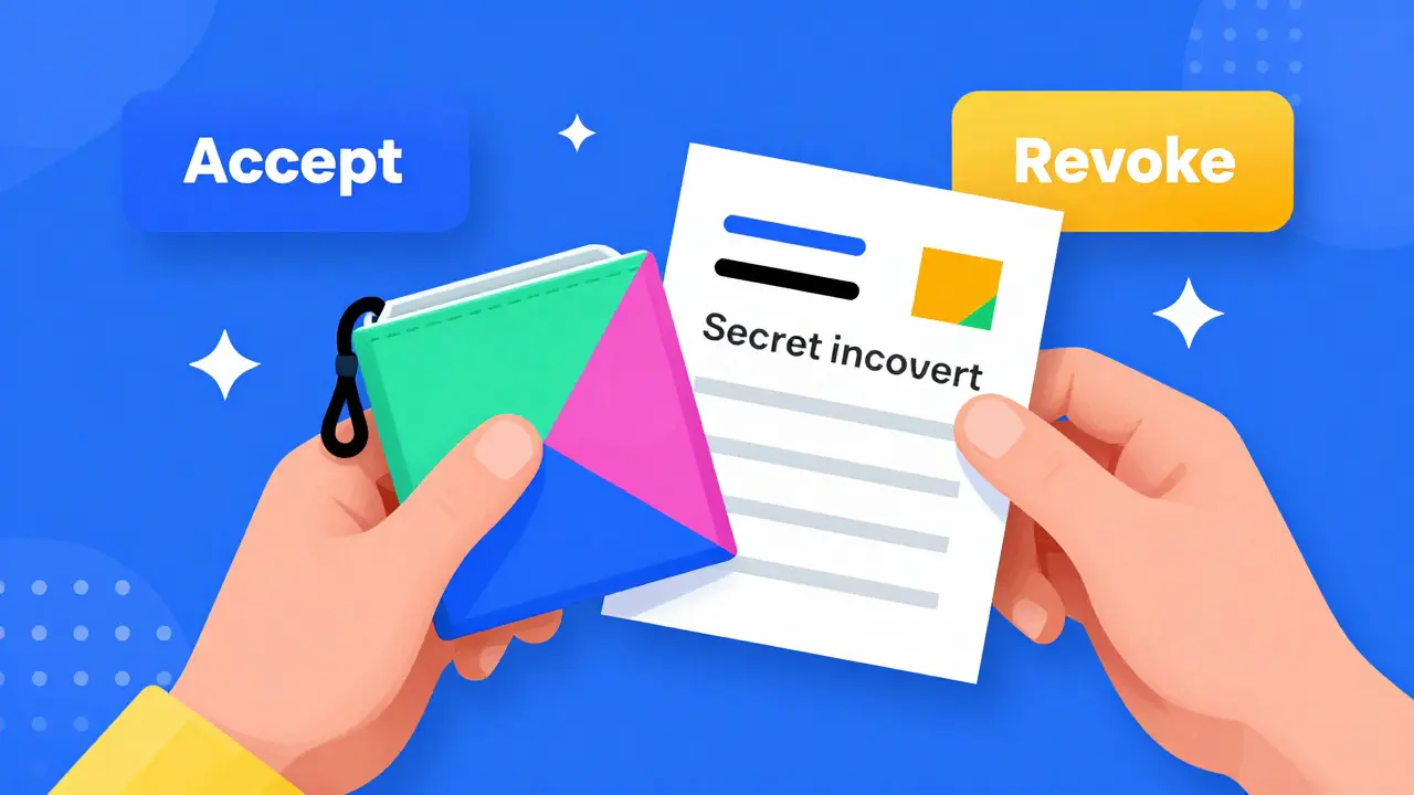 Main tenant un portefeuille numérique et une phrase de récupération dans un style Memphis coloré.