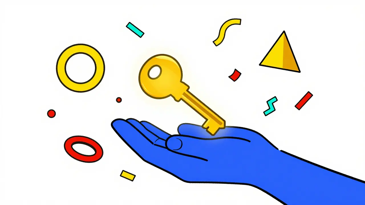 Main tenant une clé numérique dorée entourée de formes colorées, symbolisant l'auto-conservation.