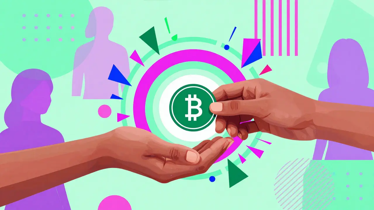 Mains échangeant un jeton numérique entourées de motifs géométriques et de silhouettes féminines.