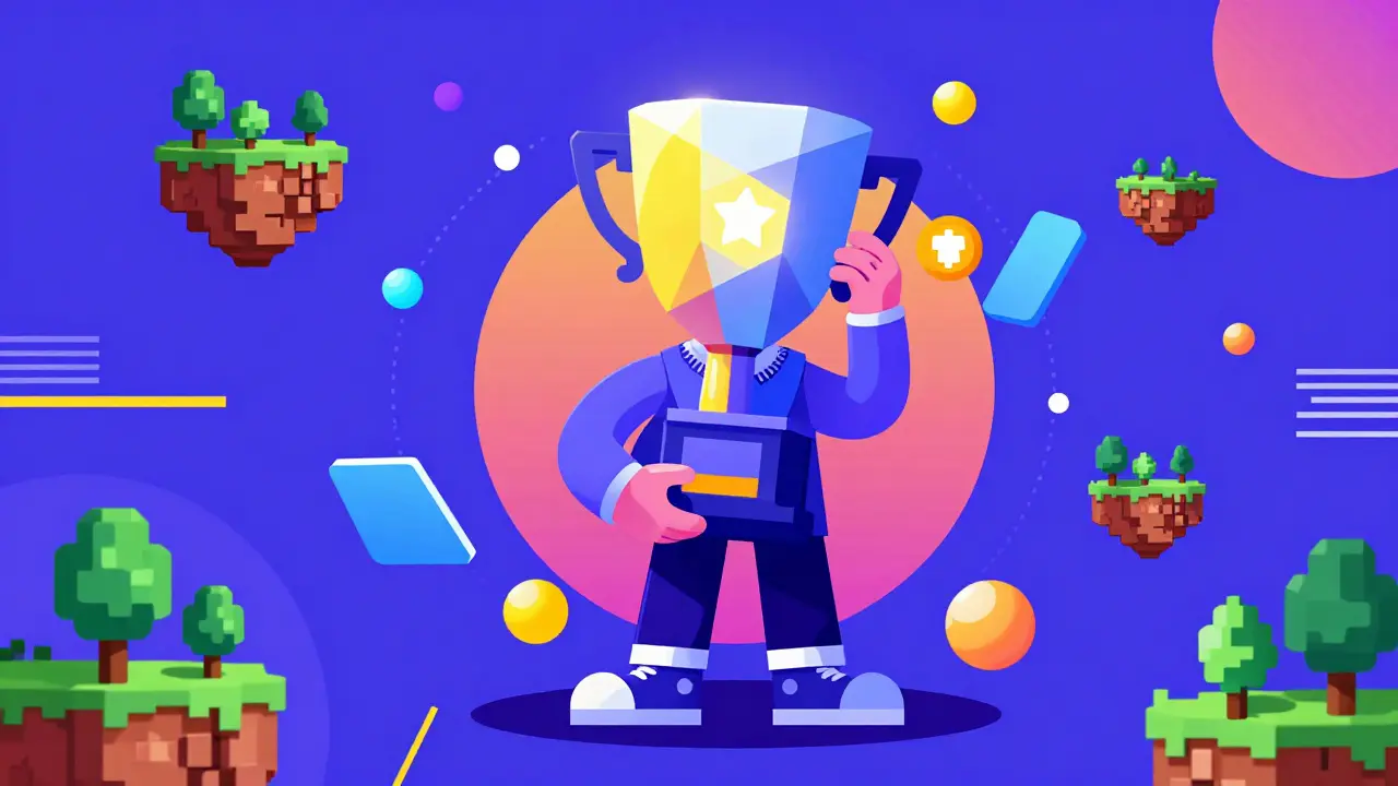 Personnage tenant un NFT comme une clé vers l'écosystème Gamestarter, style Memphis Design.