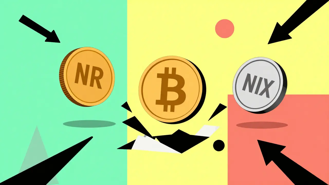 Plusieurs jetons crypto et formes géométriques illustrant la confusion du marché.