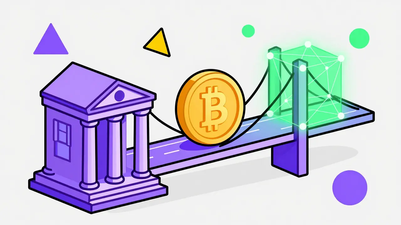 Pont géométrique style Memphis reliant une banque traditionnelle à un réseau blockchain via un stablecoin.