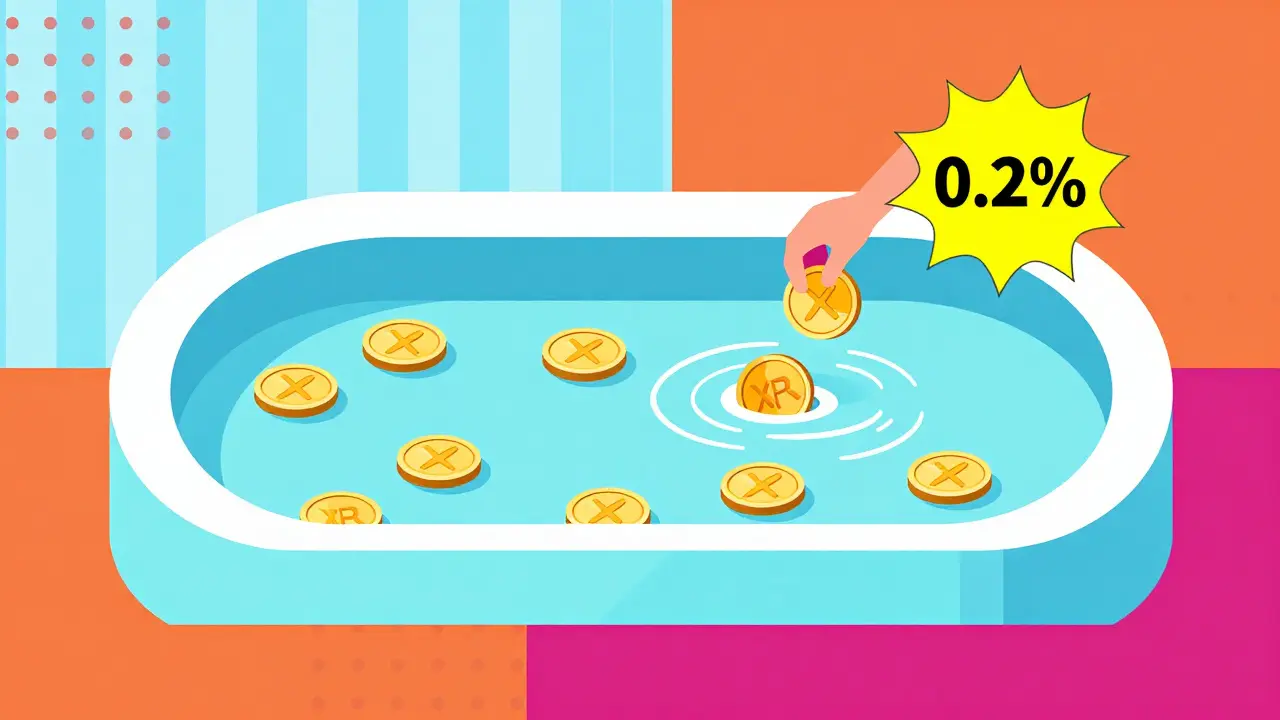 Représentation abstraite style Memphis d'un pool de liquidités avec des jetons XPR et des couleurs vives.