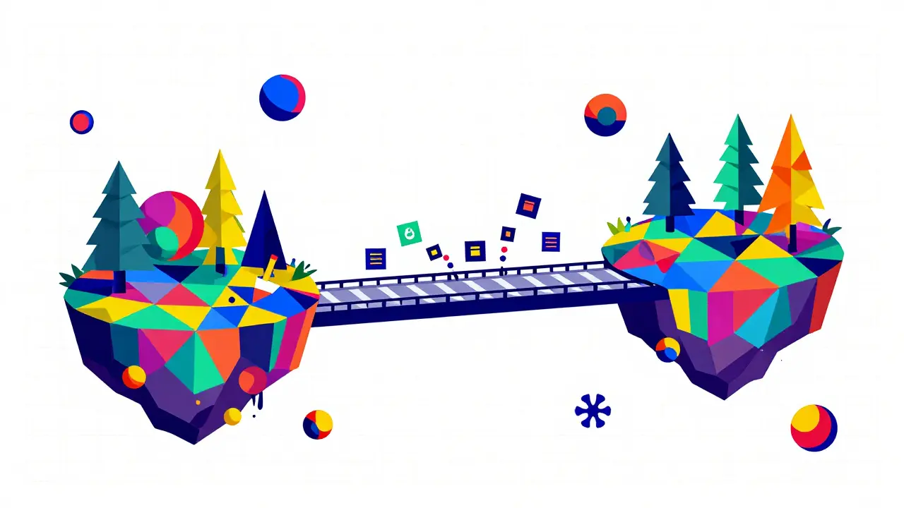 Représentation conceptuelle d'un pont entre deux blockchains avec un goulot d'étranglement.