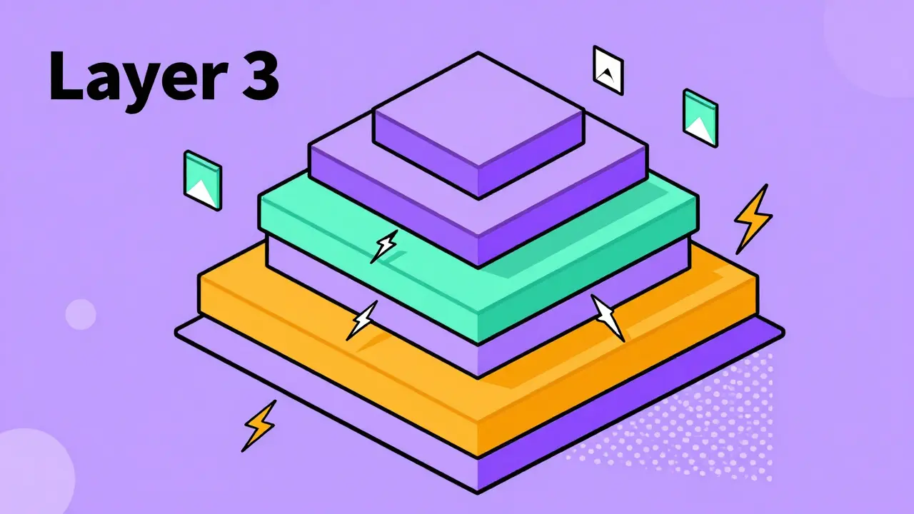 Représentation conceptuelle Memphis des couches de blockchain Layer 3 et de la rapidité.