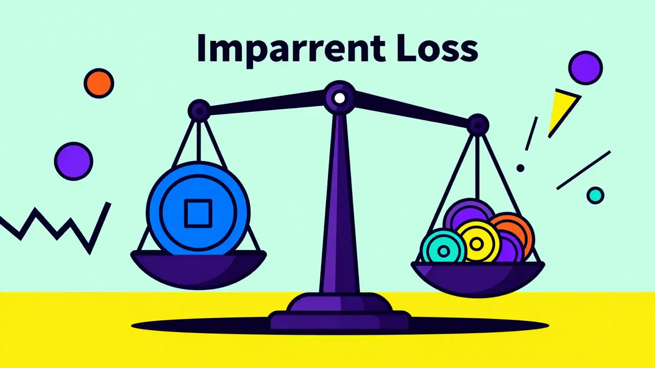 Représentation conceptuelle style Memphis de la perte impermanente avec une balance déséquilibrée.