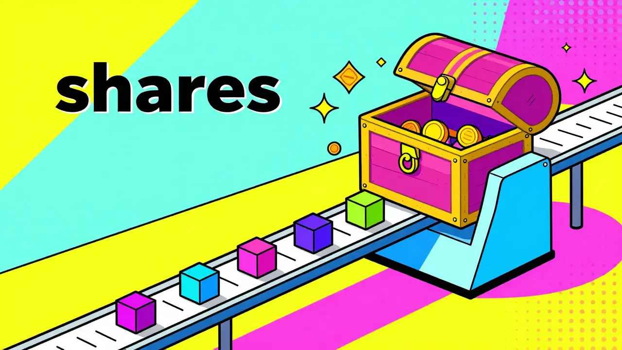 Représentation graphique de parts de minage transformées en récompenses dans un style coloré.