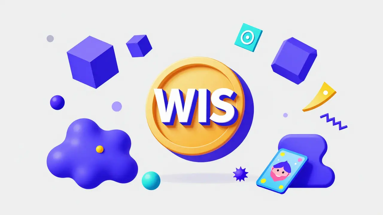 Représentation graphique style Memphis du token WIS, du staking et du NFT Farming.