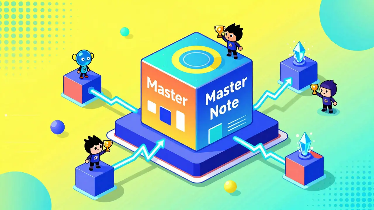 Représentation stylisée d'un réseau de nœuds blockchain avec des personnages tenant des trophées NFT.