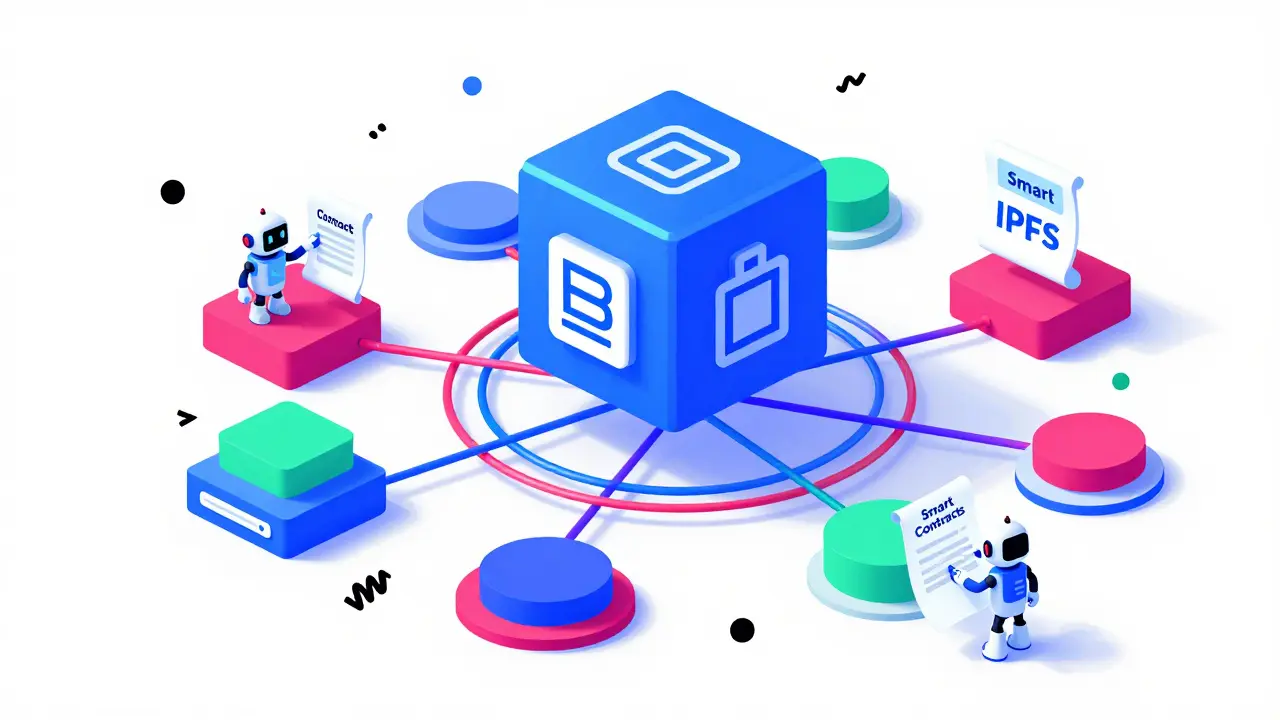 Schéma abstrait style Memphis illustrant la blockchain, l'IPFS et les contrats intelligents.