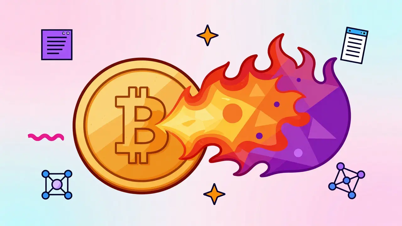 Art Memphis montrant la destruction de tokens NAC via des flammes abstraites et des motifs vifs.