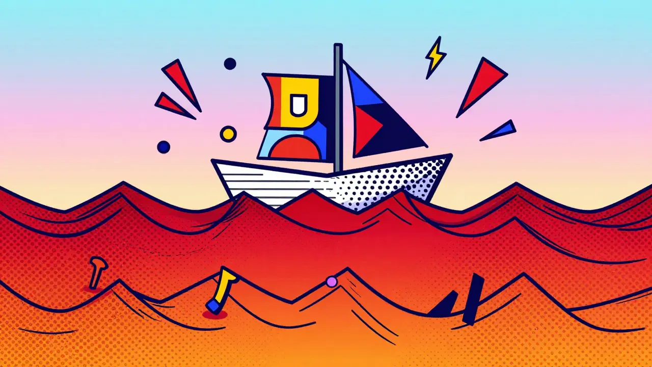 Bateau sur des vagues géométriques chaotiques symbolisant les risques crypto.