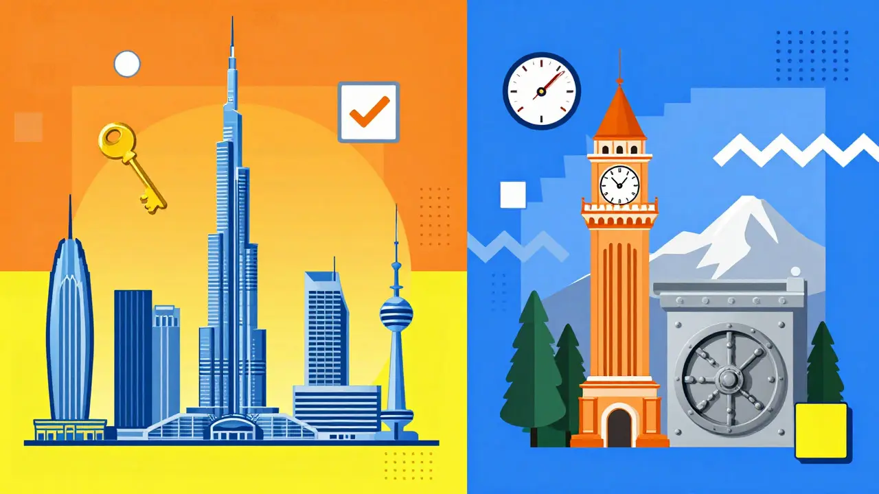 Comparaison graphique EAU vs Suisse avec icônes de licence et banque en style Memphis