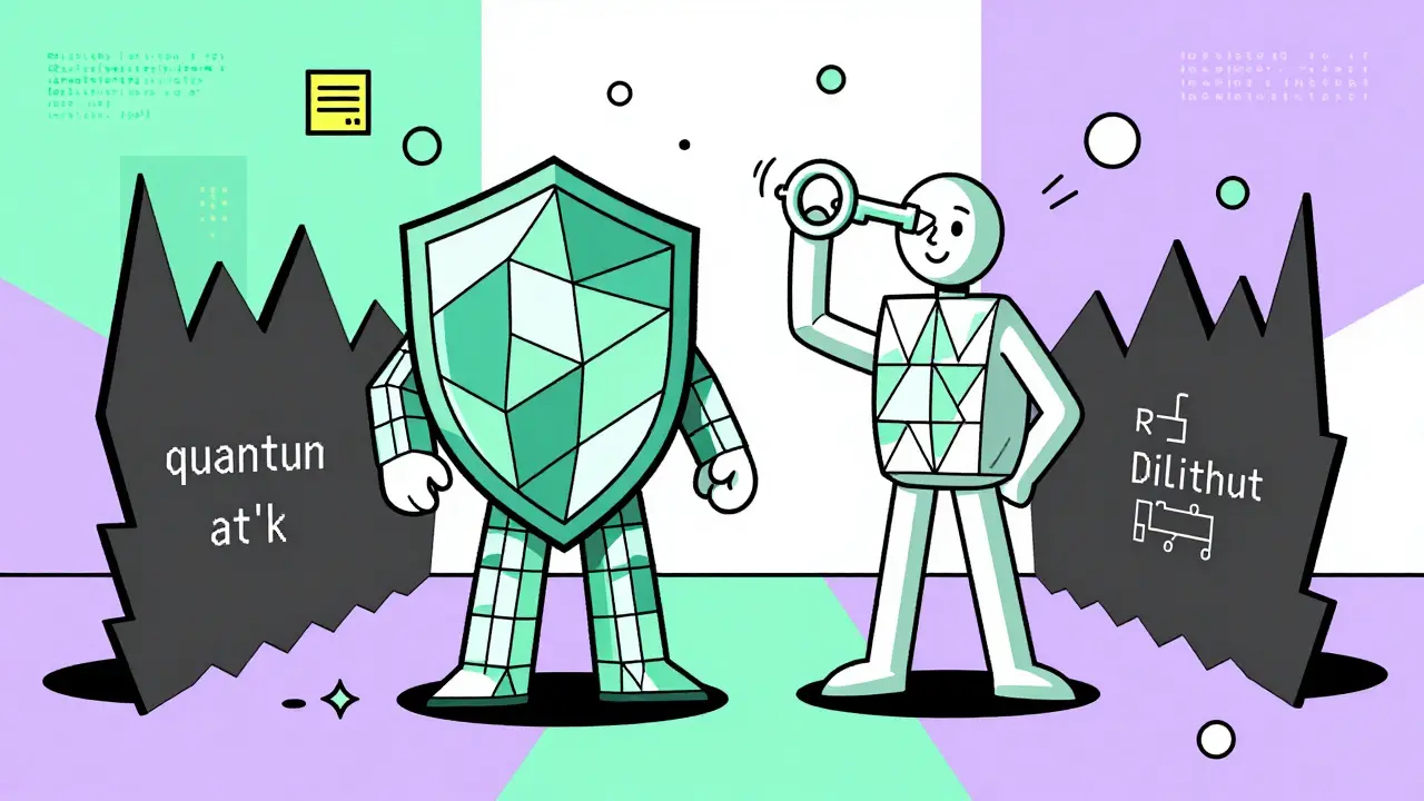 Des algorithmes cryptographiques stylisés bloquent les menaces quantiques avec des formes géométriques.