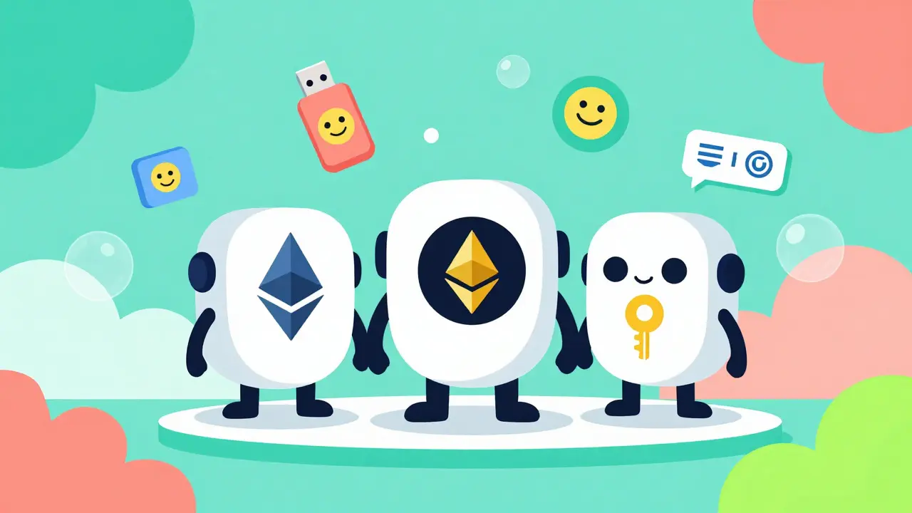 Illustration joyeuse : trois robots amicaux sur des nuages colorés représentant les échanges crypto sécurisés et fiables.