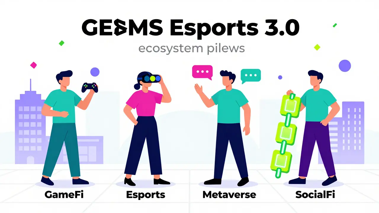 Piliers de l'écosystème GEMS illustrés par des formes abstraites et ludiques.