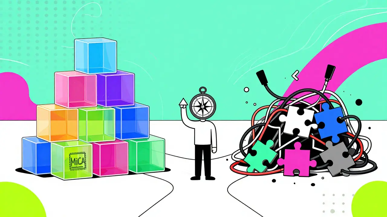 Pyramide réglementaire MiCA face au chaos des règles fragmentées, style illustration