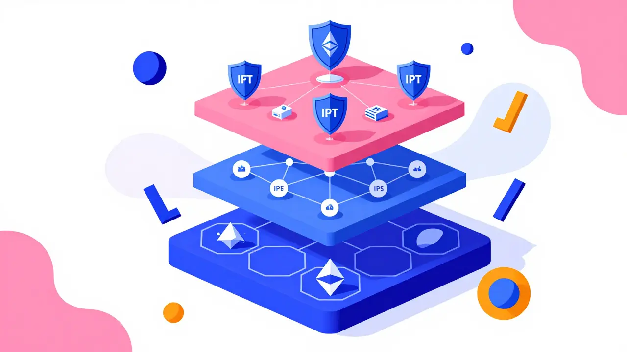 Représentation géométrique des couches technologiques Jasmy : Blockchain, IPFS et IoT.