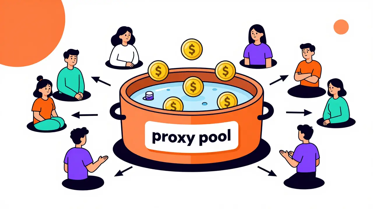 Schéma stylisé d'un pool de staking communautaire avec des tokens échangés.