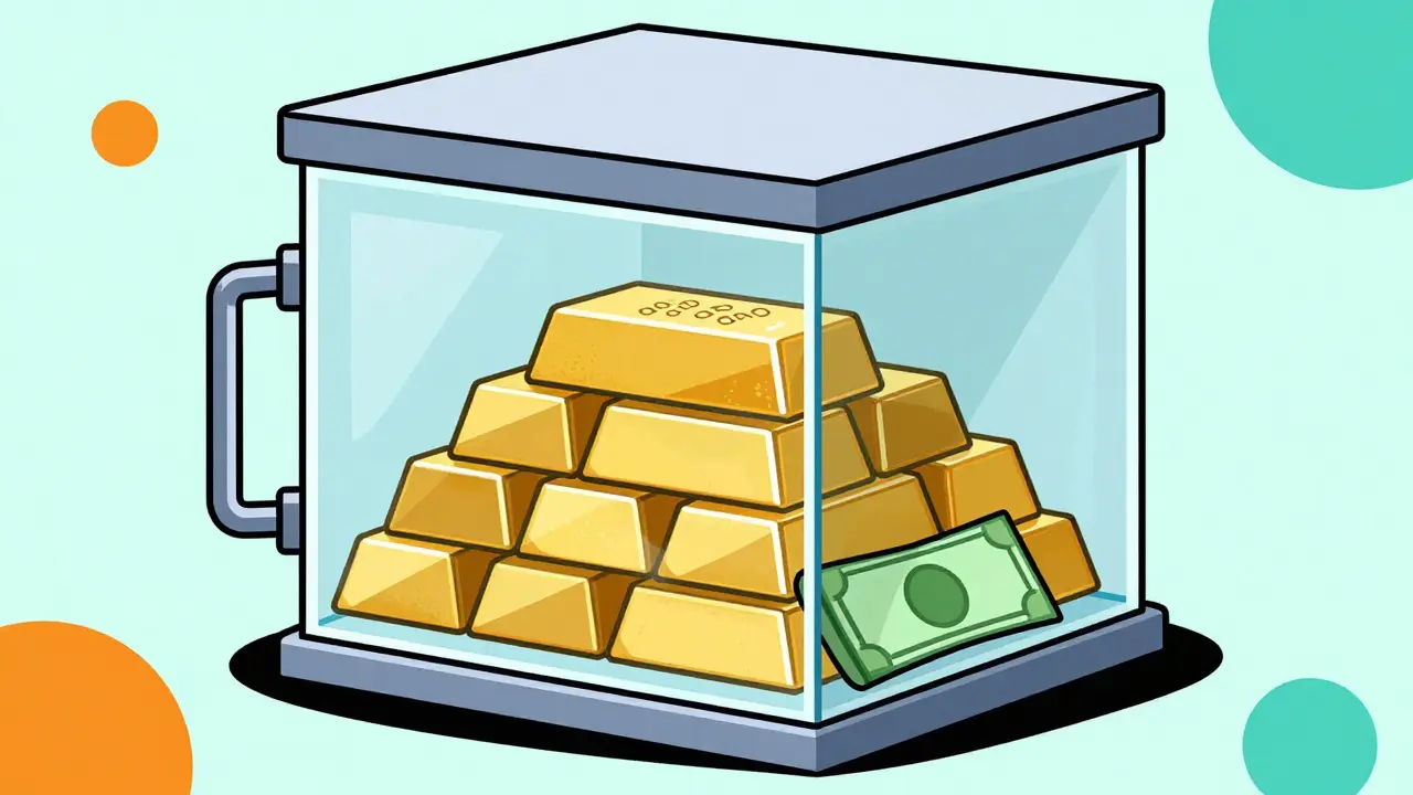 Style Memphis : un coffre-fort transparent contenant des réserves sécurisées et auditées pour les stablecoins.