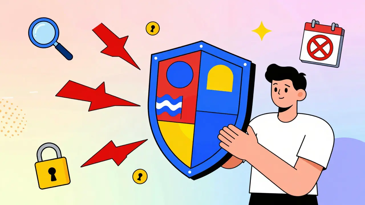 Style Memphis : un utilisateur se protège avec un bouclier géométrique contre les flèches rouges représentant les arnaques crypto.