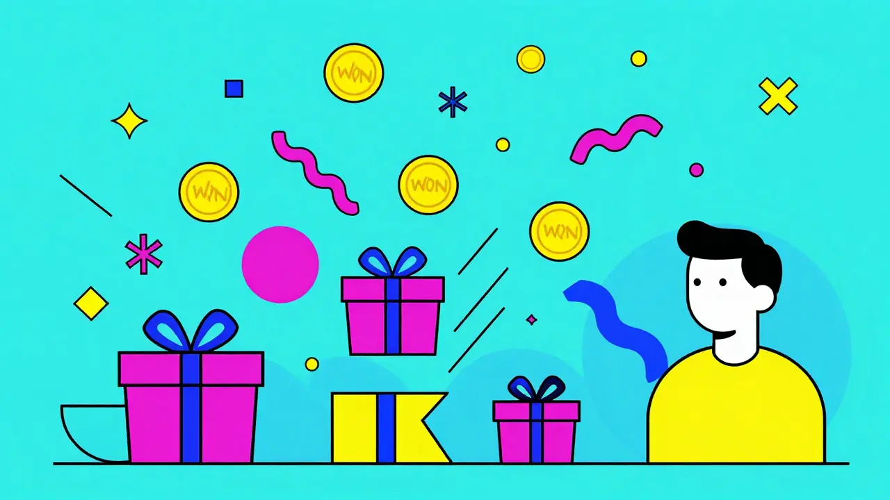 Tokens WON représentés par des boîtes cadeaux géométriques flottantes style Memphis Design.