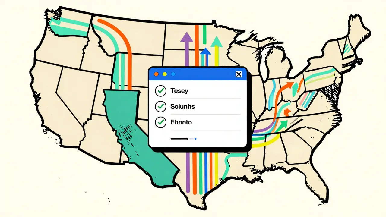 Une carte stylisée des États-Unis mettant en évidence le Texas et la Californie, avec des flux de données abstraits et une interface numérique flottante, illustrant la complexité réglementaire et les solutions technologiques.