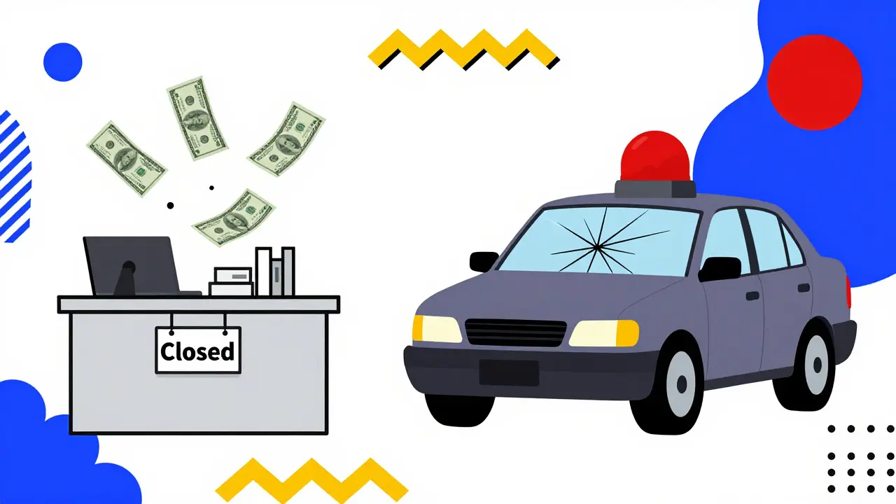 Une composition divisée comparant les infractions commerciales et routières avec des icônes géométriques vives, représentant la fermeture d'un commerce et une voiture arrêtée par la police dans un design rétro moderne.