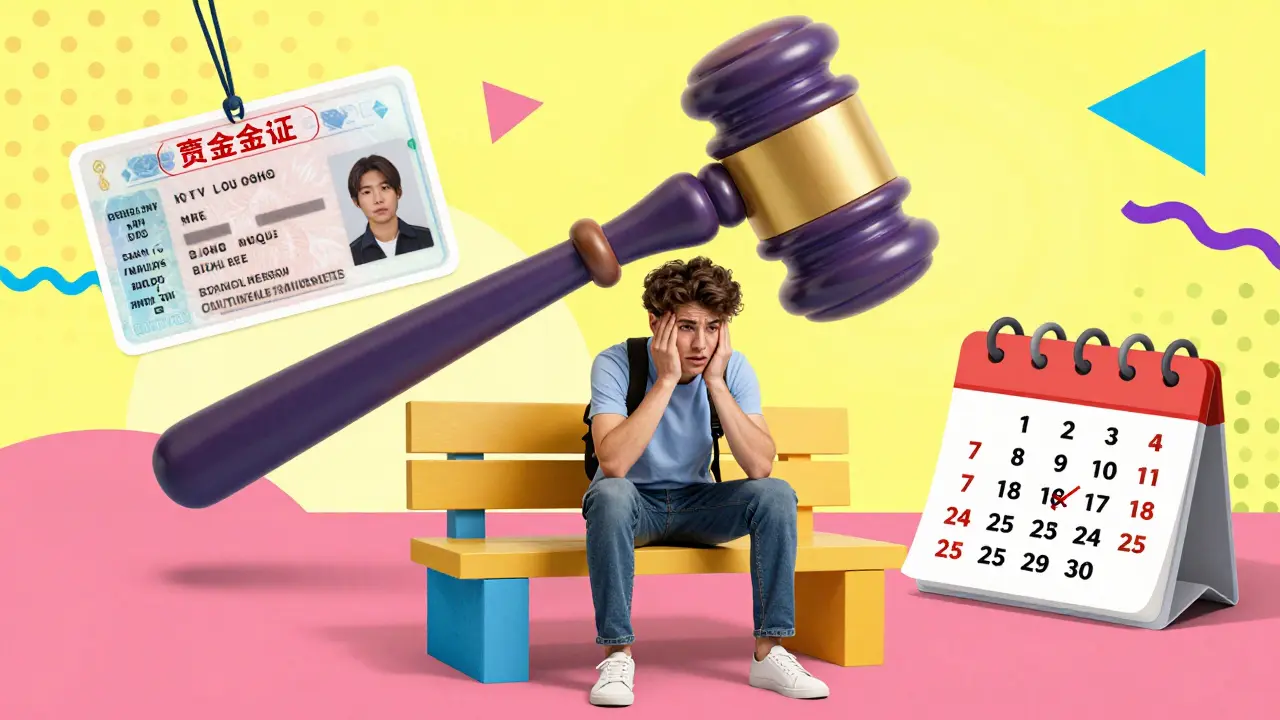 Une scène illustrée d'un jeune conducteur face à des problèmes juridiques, assis sur un banc géométrique sous un marteau de juge stylisé, avec des éléments visuels comme une licence suspendue et un calendrier, dans un style graphique dynamique.