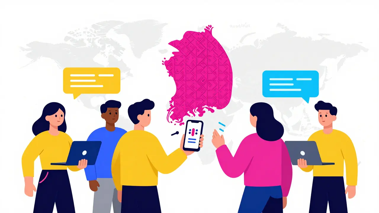 Utilisateurs abstraits interagissant avec une interface simple sur fond de carte coréenne géométrique