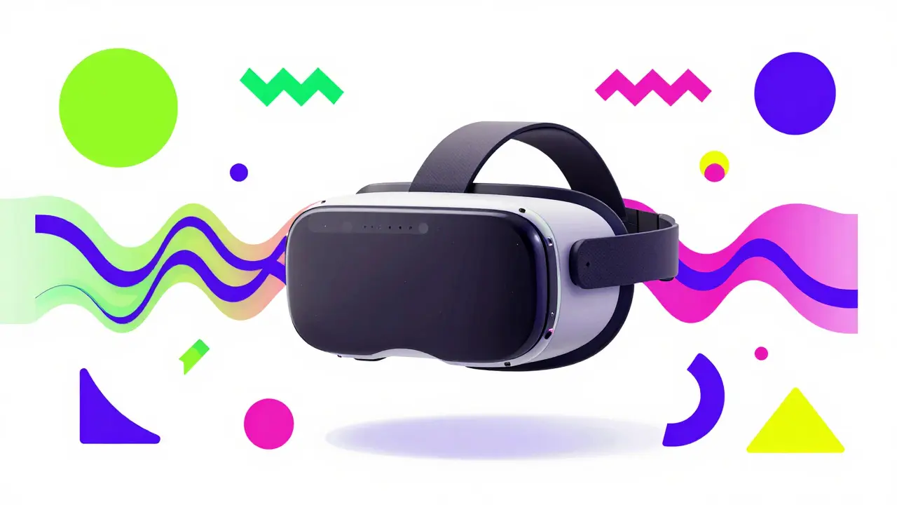 Casque VR flottant entouré de formes abstraites représentant l'IA et la création 3D