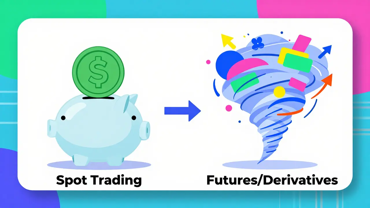 Comparaison visuelle entre trading spot sécurisé et dérivés risqués, style Memphis