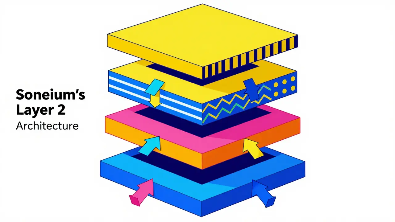 Couches de blockchain abstraites avec formes géométriques vives et flèches fluides