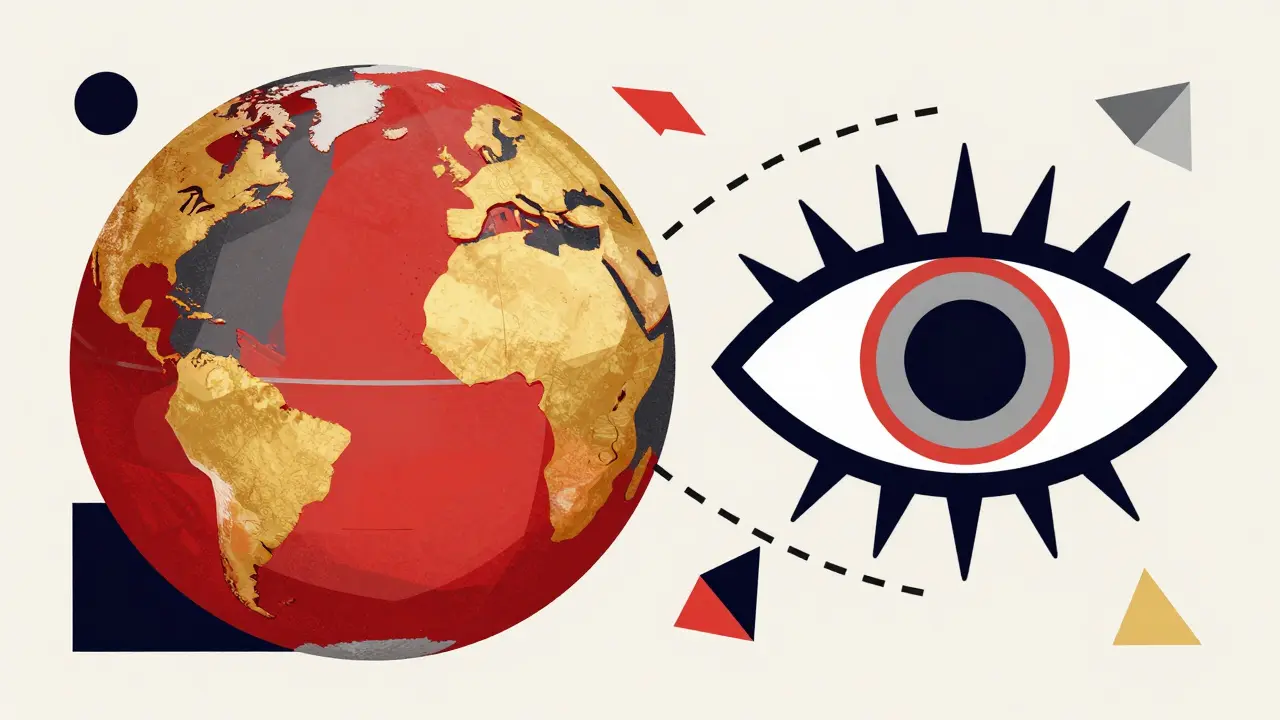 Globe géopolitique et œil de surveillance en style Memphis