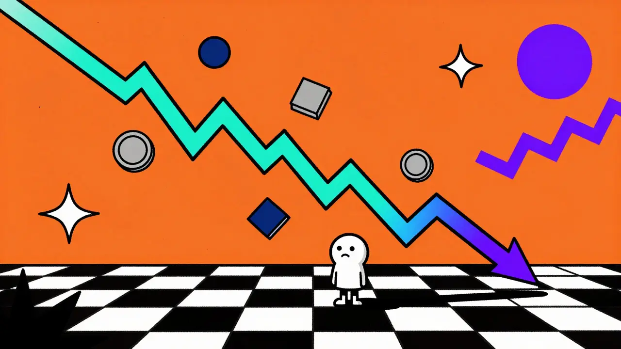 Graphique boursier en chute libre illustrant la volatilité crypto dans le style Memphis