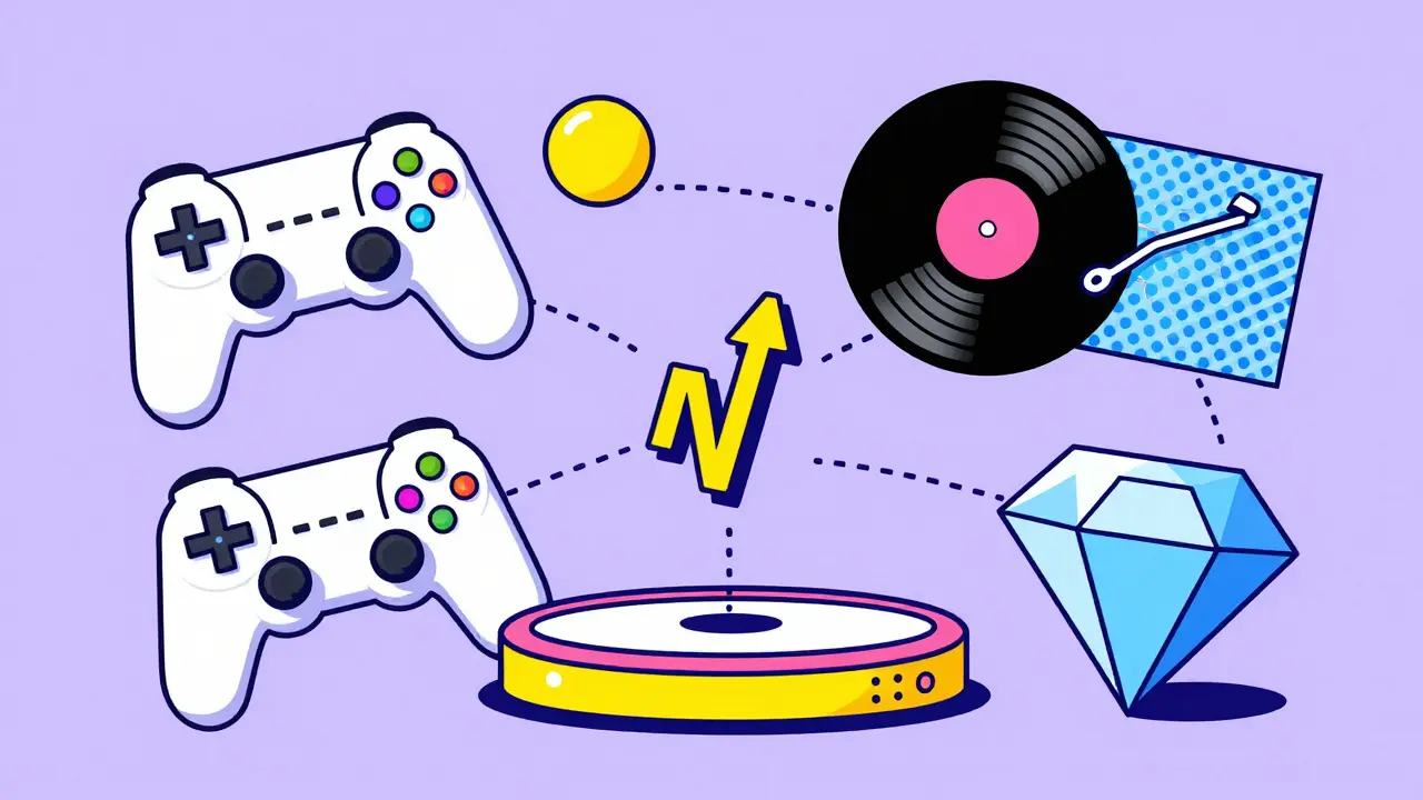 Icônes de jeu, musique et NFT connectées dans un design abstrait coloré
