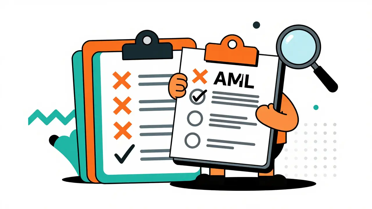 Personnage avec liste de contrôle AML et icônes de documents