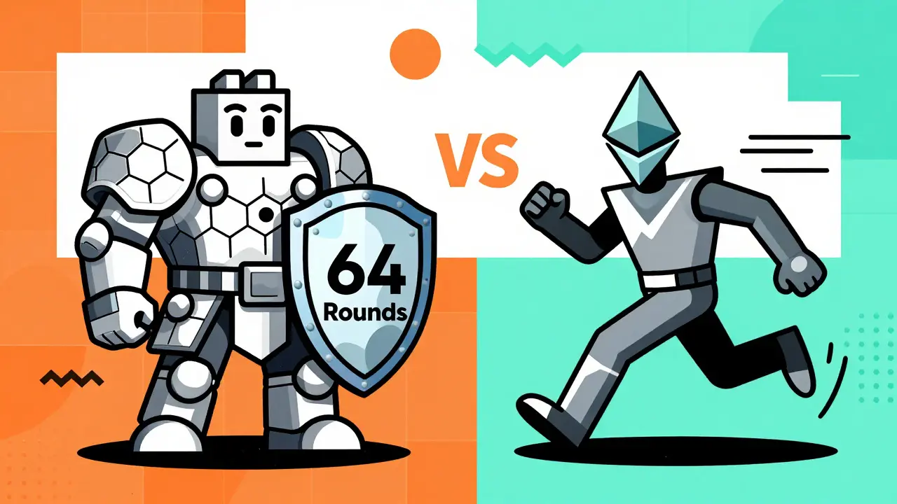 Personnages abstraits comparant SHA-256 et Keccak-256 sur fond géométrique coloré